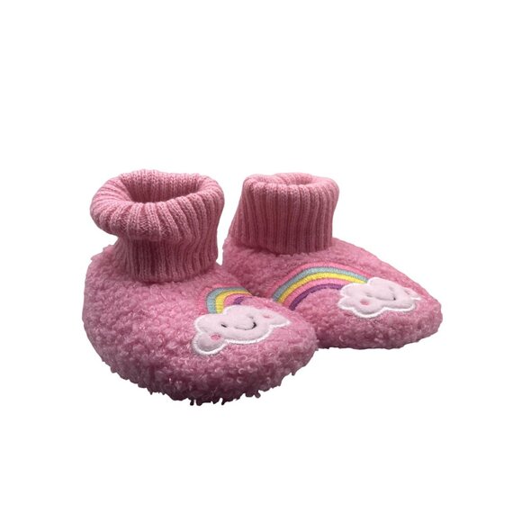 Pink Toddler Fuzzy Booties With Rainbow & Cloud Embroidery Warm & Cozy Design Fo - Picture 2 of 4